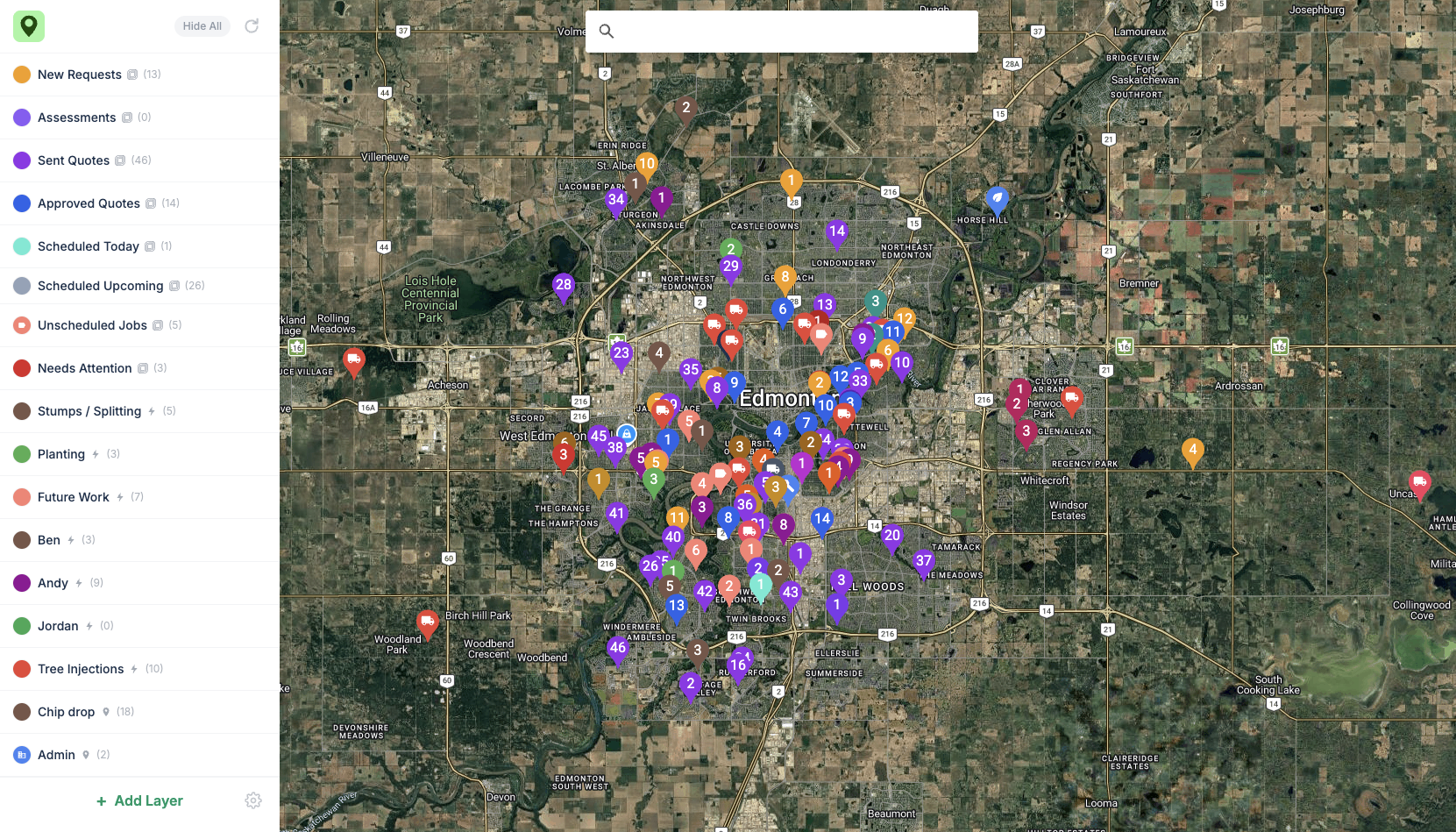 Power Maps showing every Jobber request, quote, job, and custom pin on one map