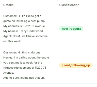 Two Quo calls — transcript and classification: one new_request, one client_following_up