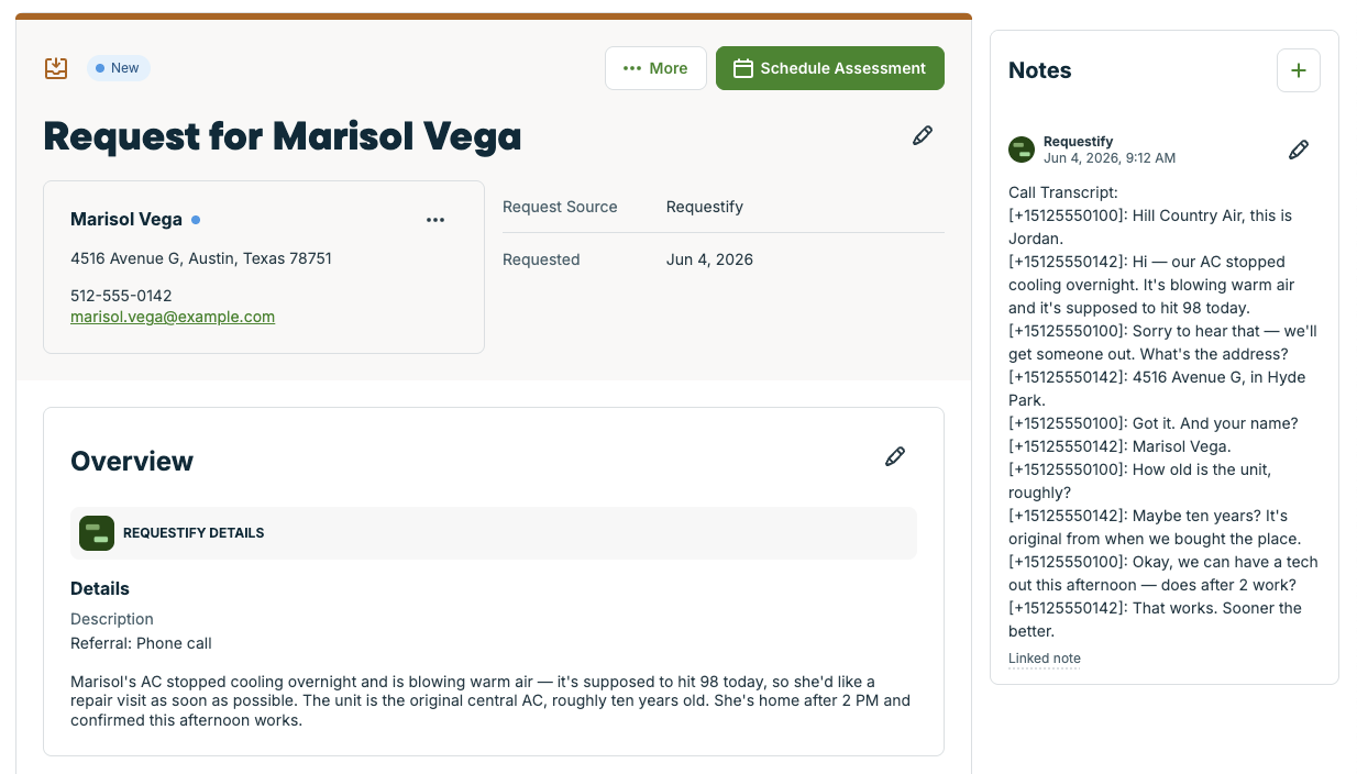A Jobber request created from a Quo call, with client, address, job details and the call transcript attached as a note