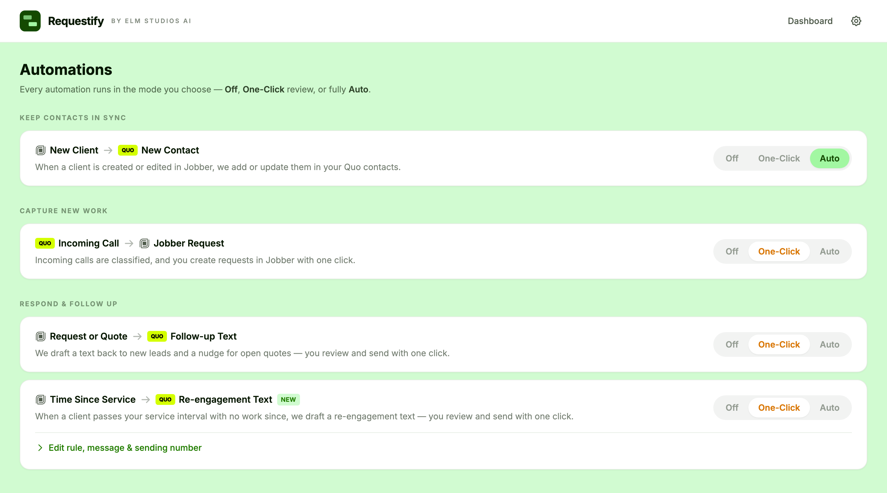 The Requestify Automations page, grouped into Keep contacts in sync, Capture new work, and Respond and follow up. Each rule shows its direction between Quo and Jobber: New Client to Quo New Contact on Auto, Quo Incoming Call to Jobber Request, Request or Quote to Quo Follow-up Text, and Time Since Service to Quo Re-engagement Text on One-Click review, with Off, One-Click, and Auto toggles