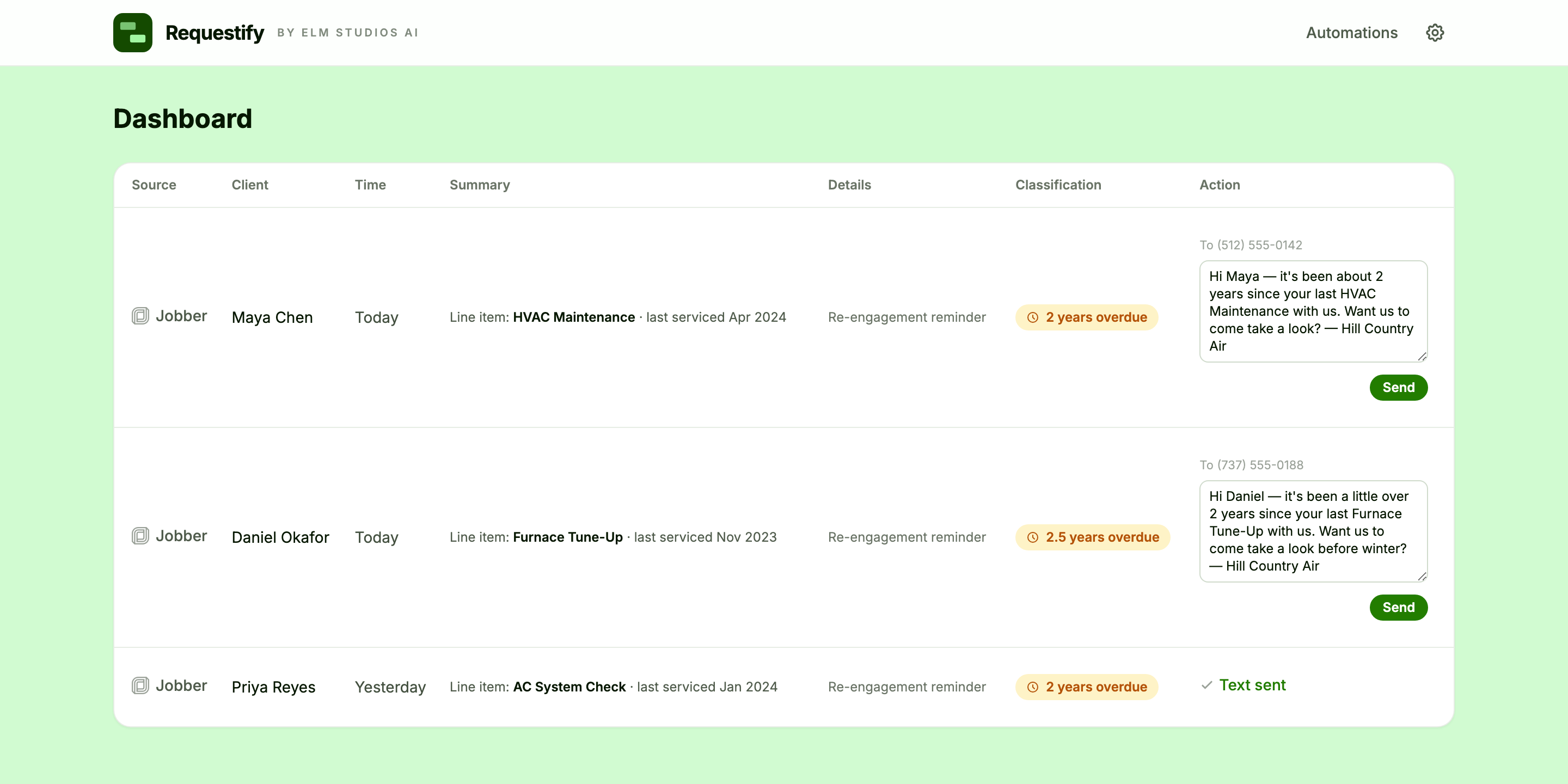 Requestify re-engagement: past clients overdue for recurring service, matched on a Jobber invoice line item, each with a drafted text staged for review before sending from your Quo number