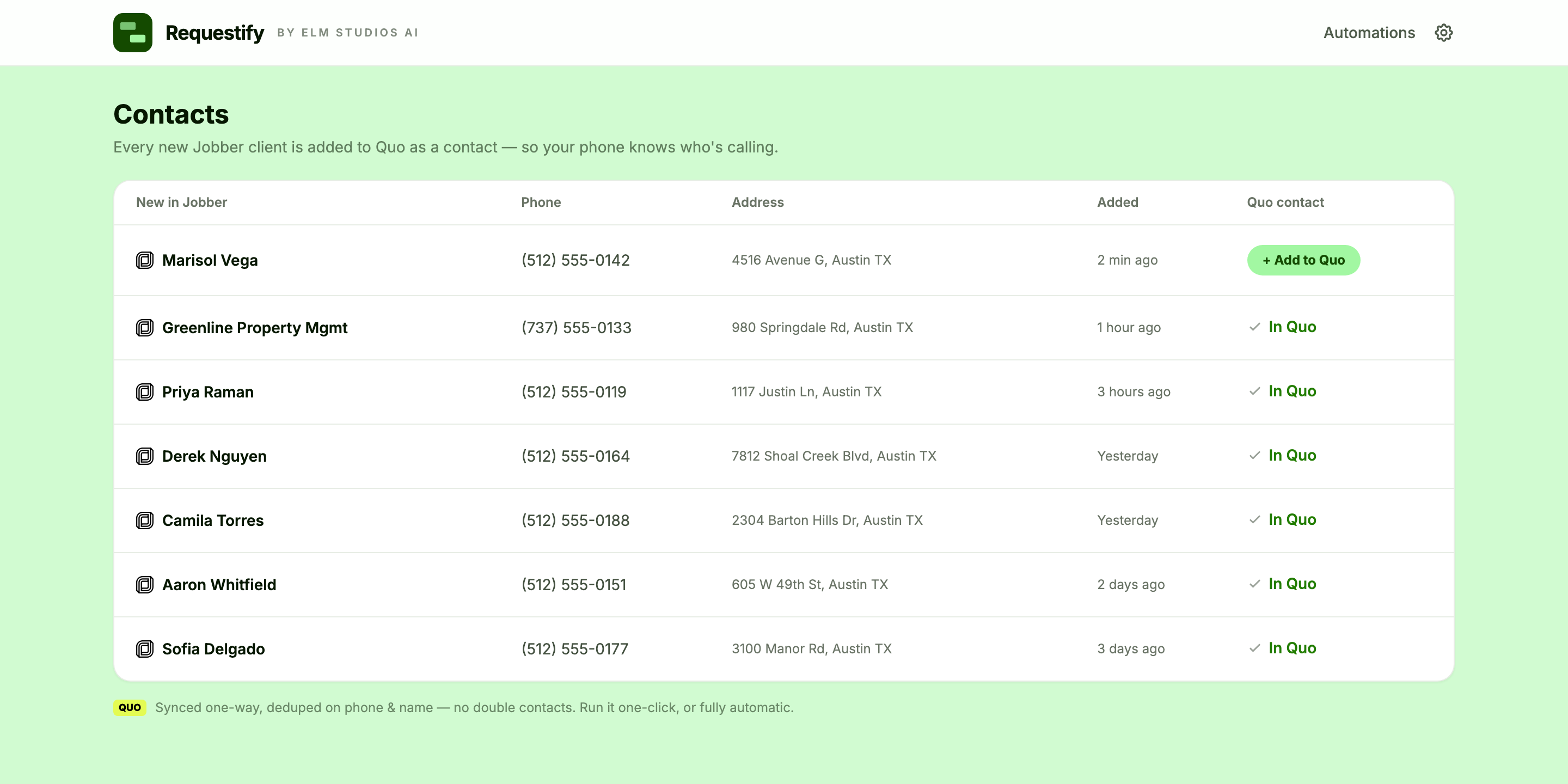 Requestify syncing new Jobber clients into Quo as contacts, deduped on phone and name so there are no duplicates