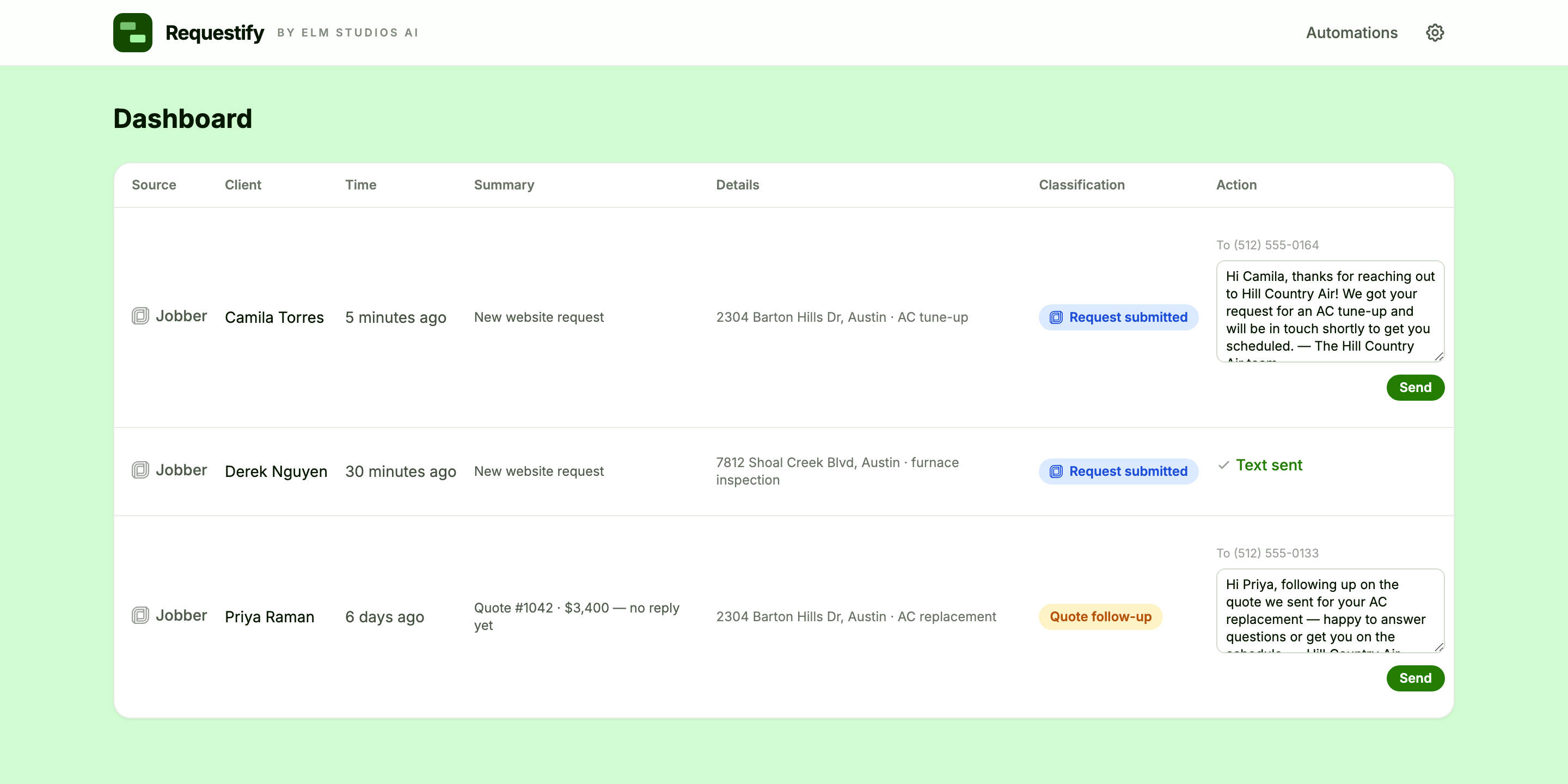 Requestify following up from Quo when activity happens in Jobber: texting back new website requests and nudging open quotes, each message sent from your own Quo number